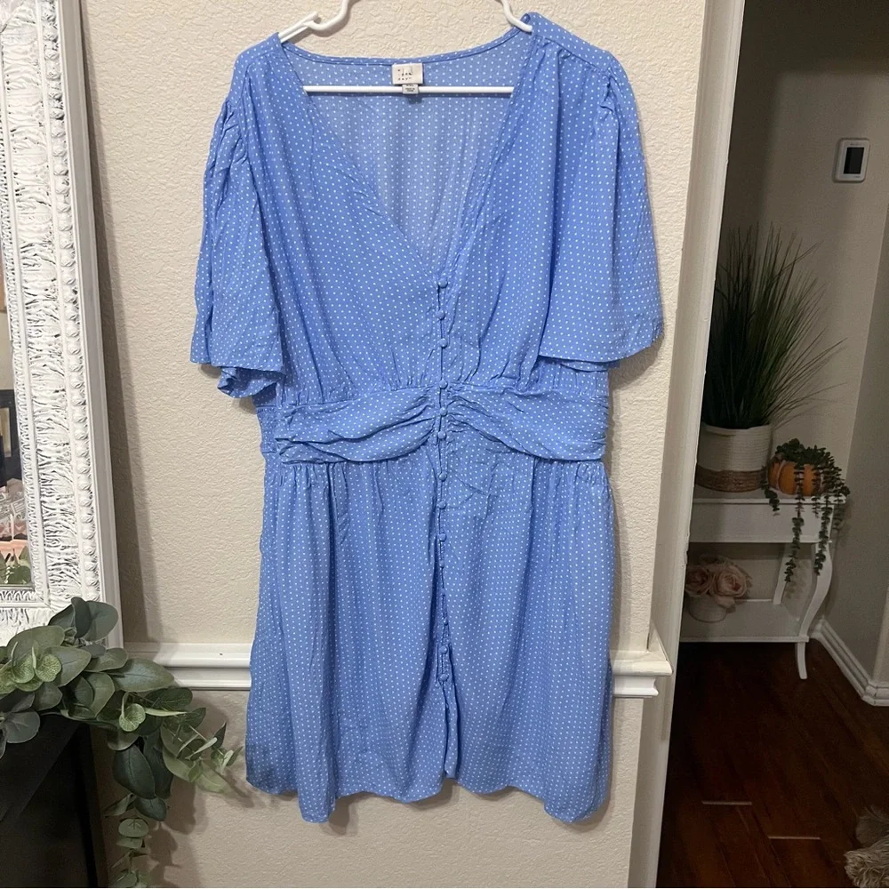 A New Day XXL Woman's Dress Front Button Short Sleeve V Neck Blue White dots - Picture 4 of 11